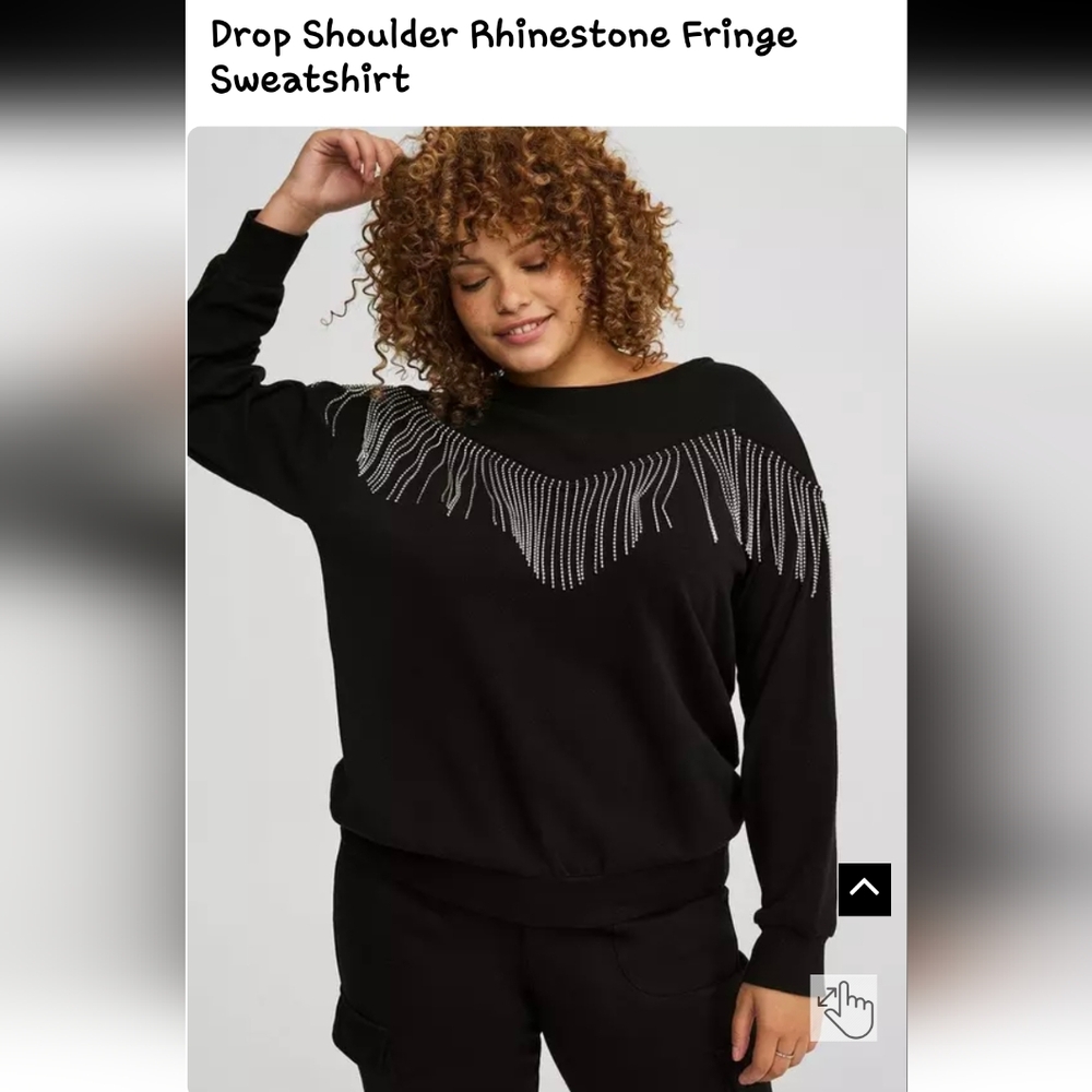 Drop Shoulder Rhinestone Fringe Sweatshirt, Size 1x